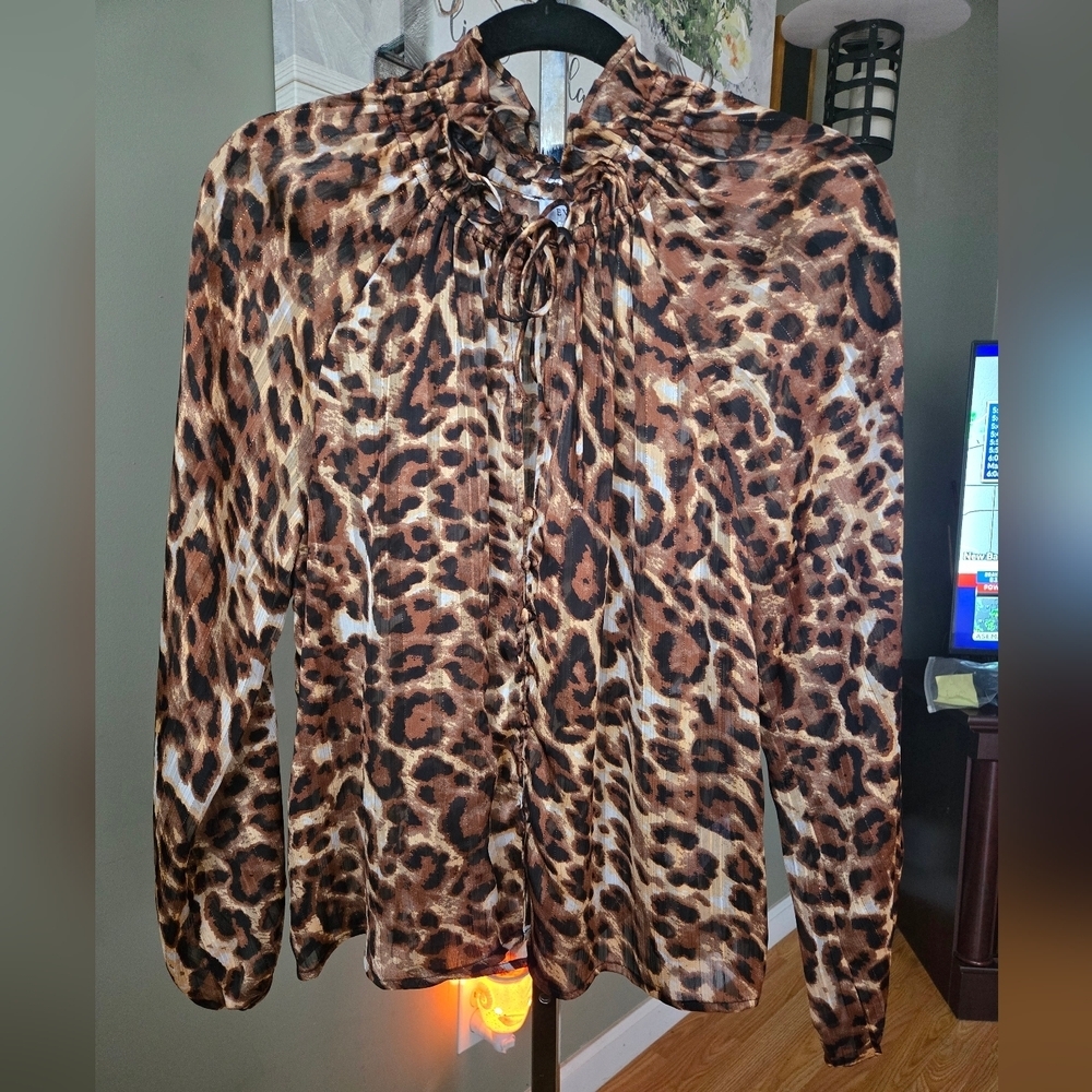 EVNL Layla Sheer Blouse Sz Lg Leopard Print